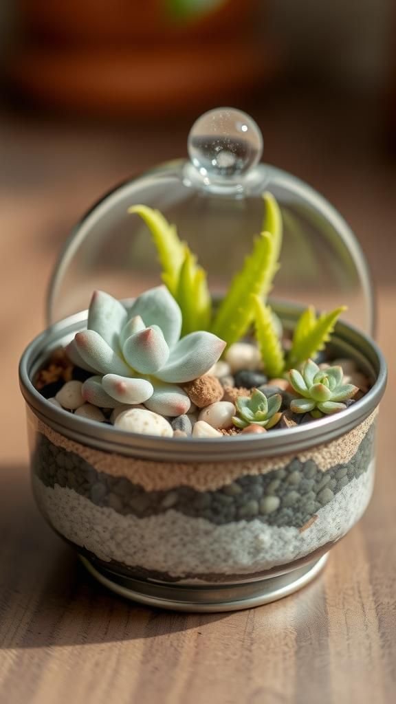 Mini succulent terrarium with glass lid accents