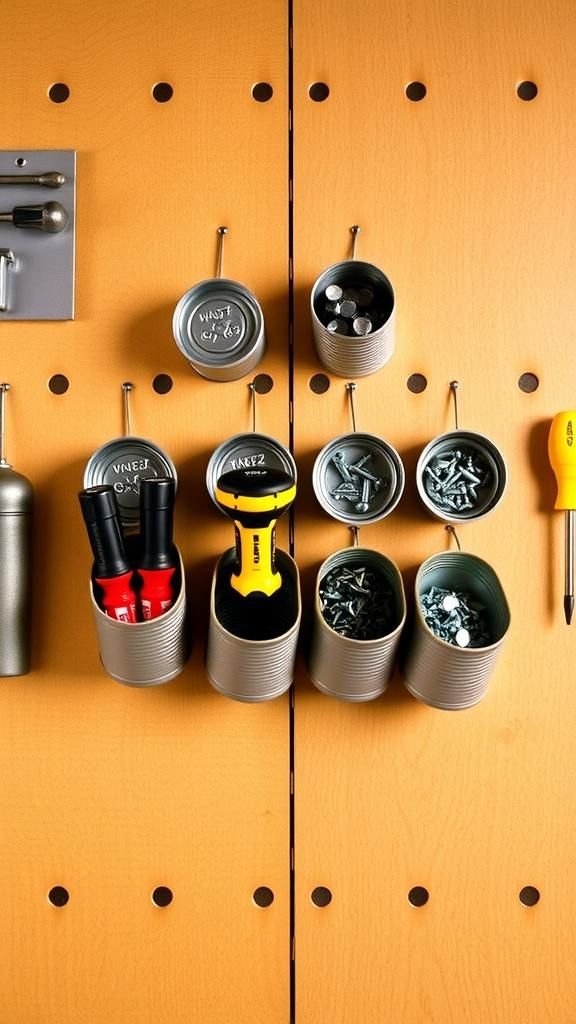 Pegboard pockets made from halved tins