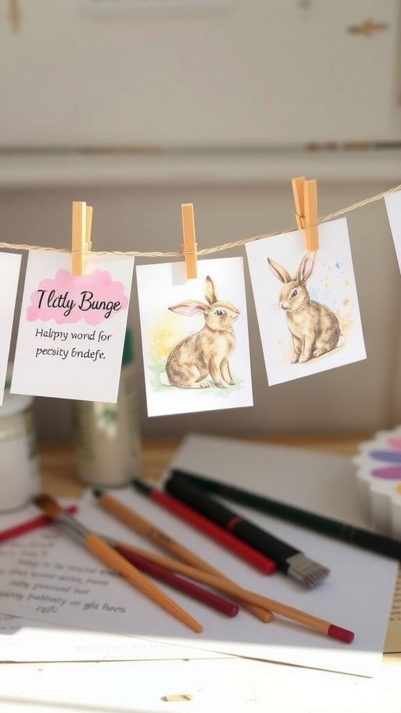 Watercolor bunny cards strung like postcards