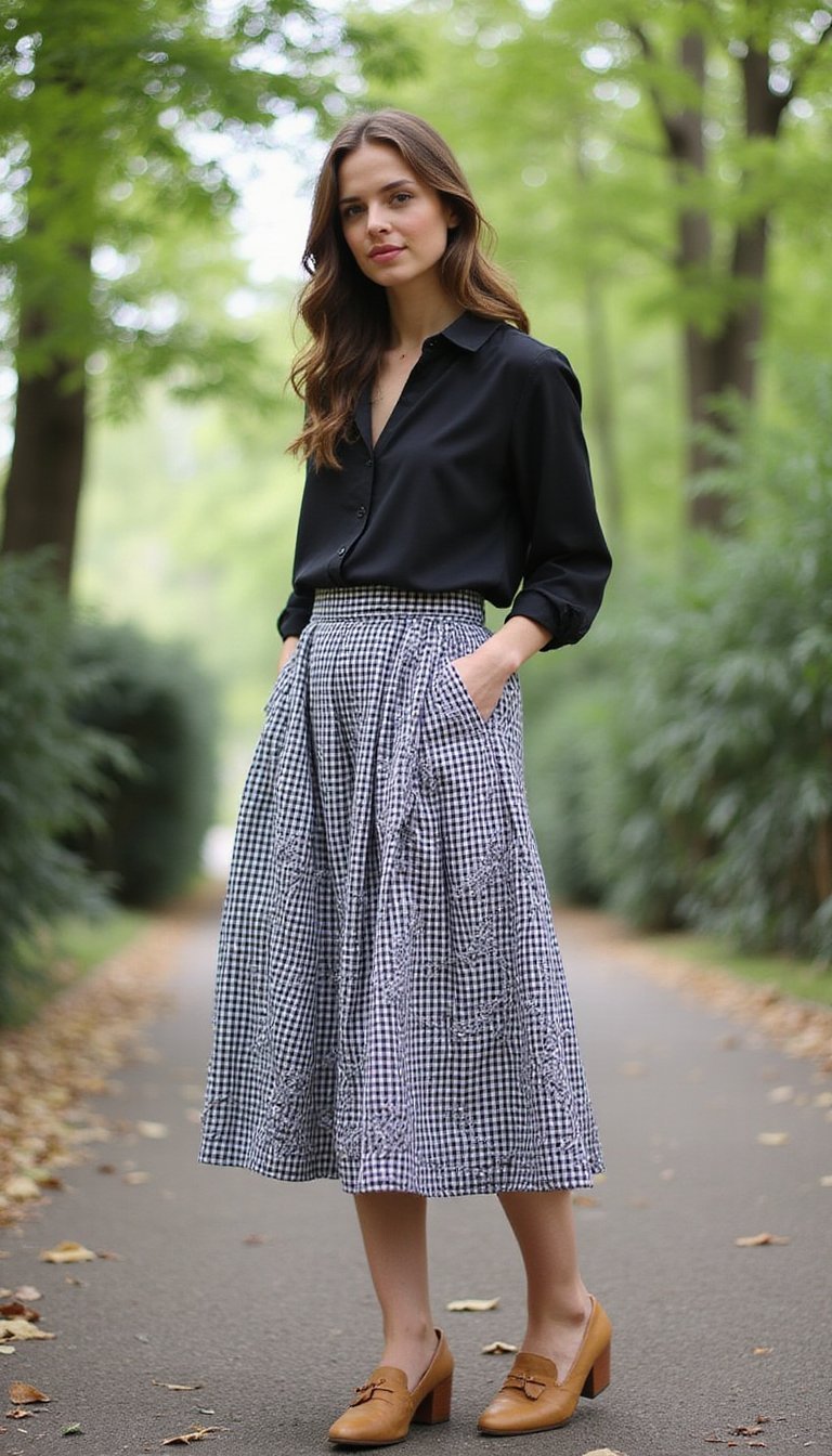 Gingham Midi Skirt And Blouse