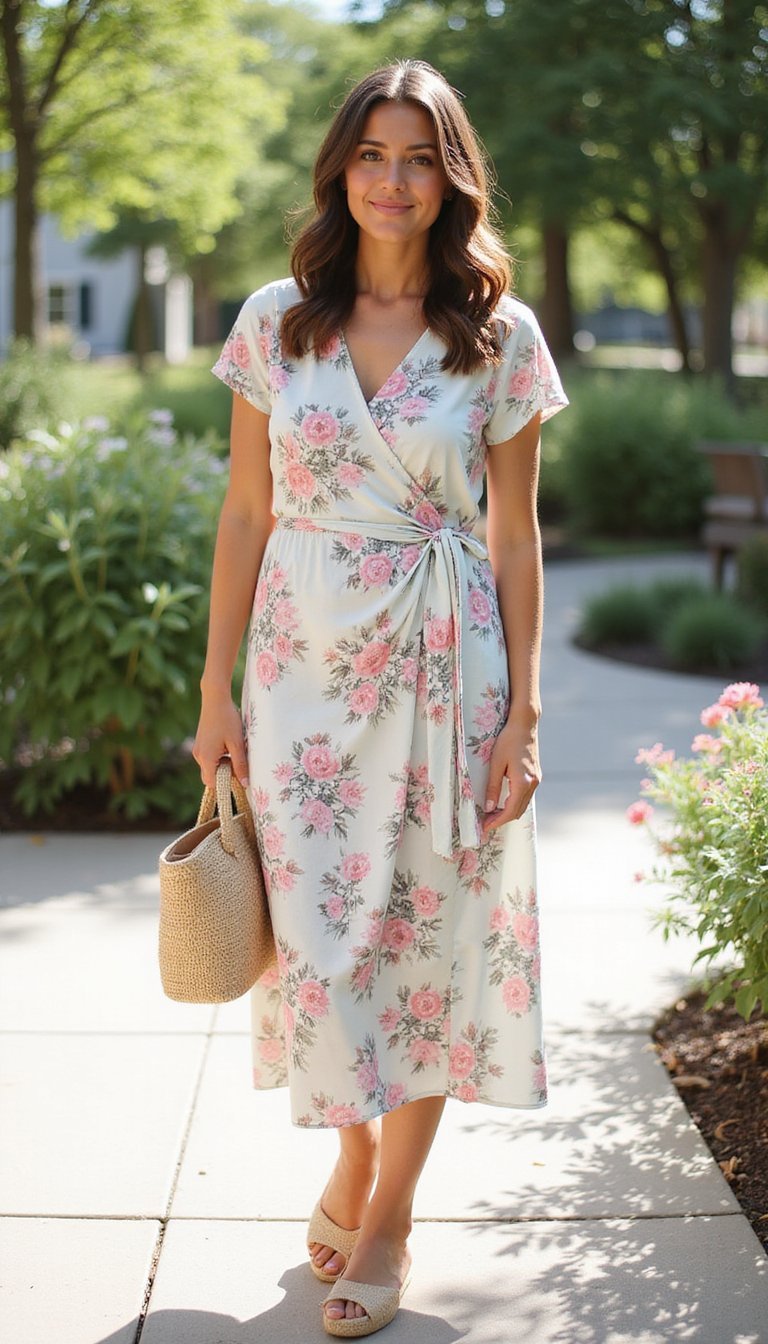 Pastel Floral Midi Wrap Dress