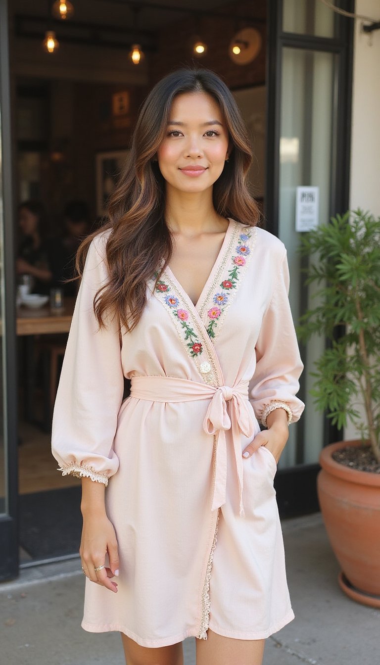 Pastel Wrap Dress with Embroidery
