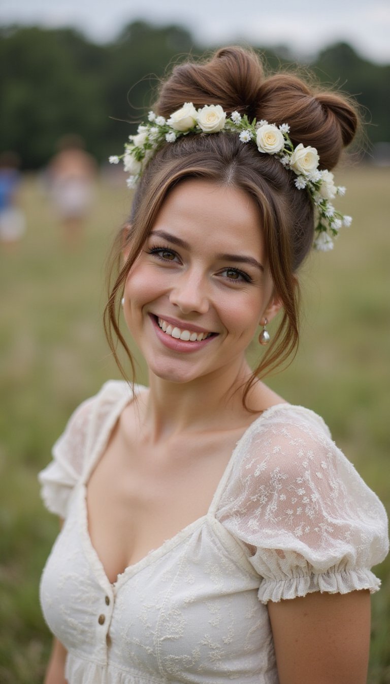 Bohemian Space Buns With A Floral Garland Accent