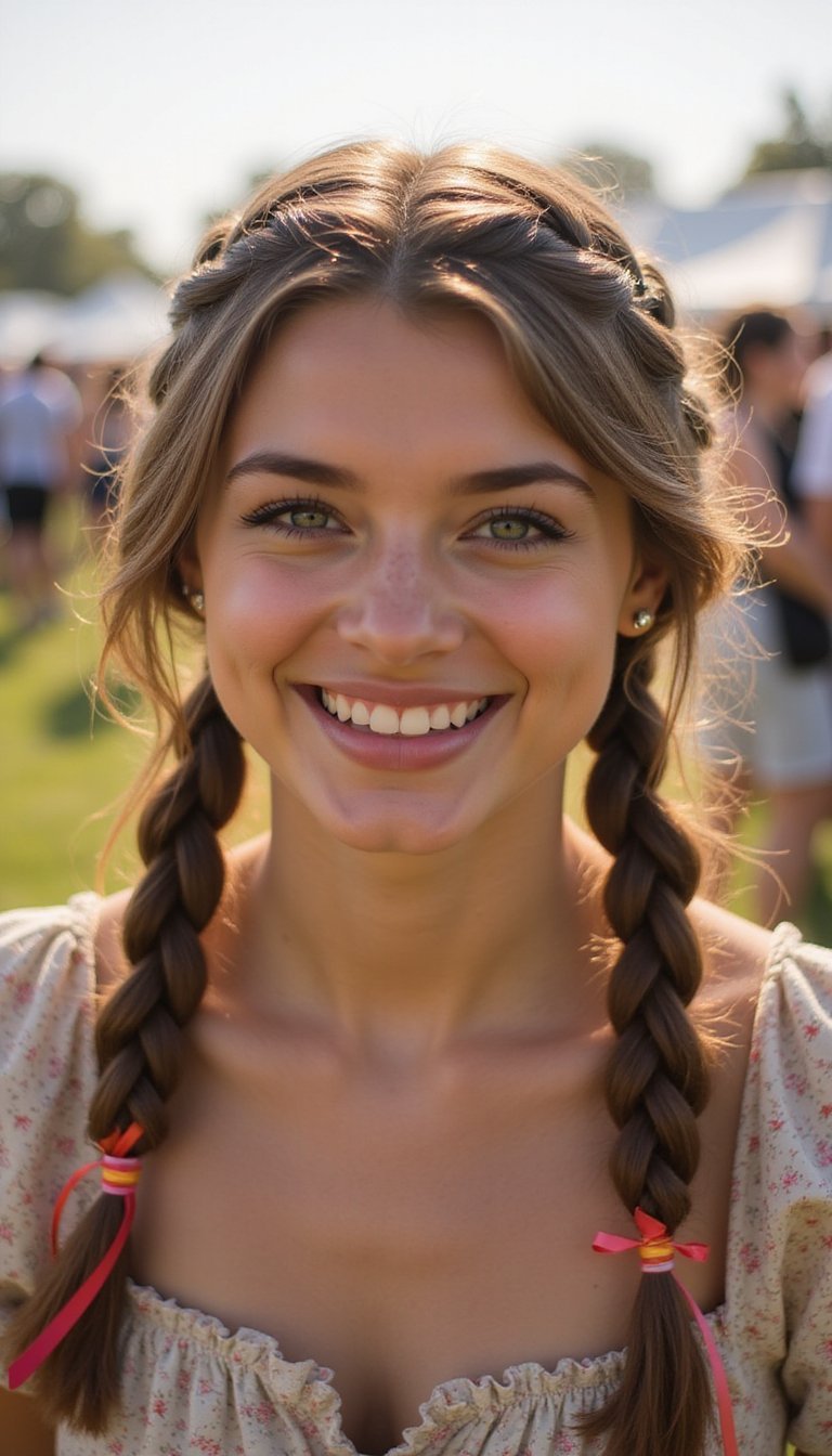 Dutch Double Braids Finished With Ribbon Tails