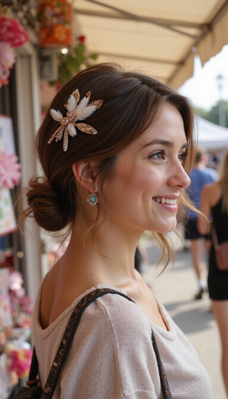 Low Knotted Ponytail With Feather And Charm Clips