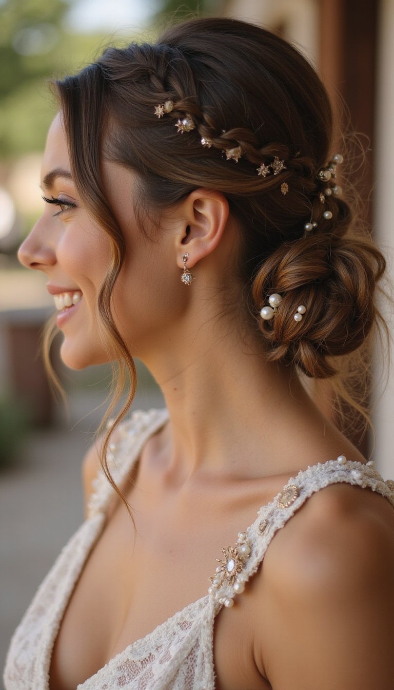 Low Twisted Chignon Pinned With Pearls And Pins