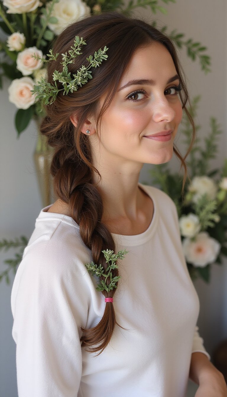 Romantic Side-Swept Braid Weaved With Greenery Vines