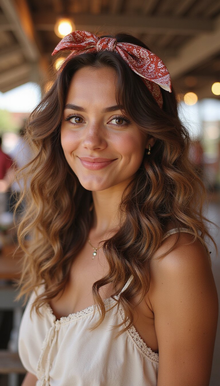 Vintage Boho Curls Paired With A Patterned Bandana