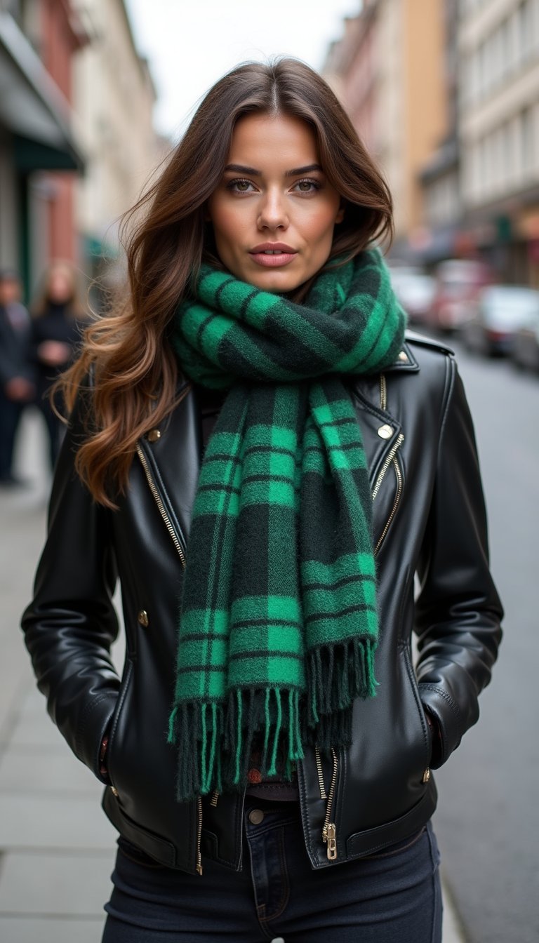Plaid Scarf and Leather Jacket
