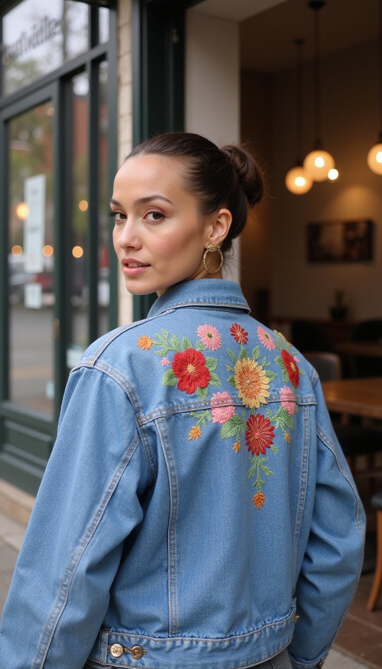 Cropped Denim Jacket with Embroidery