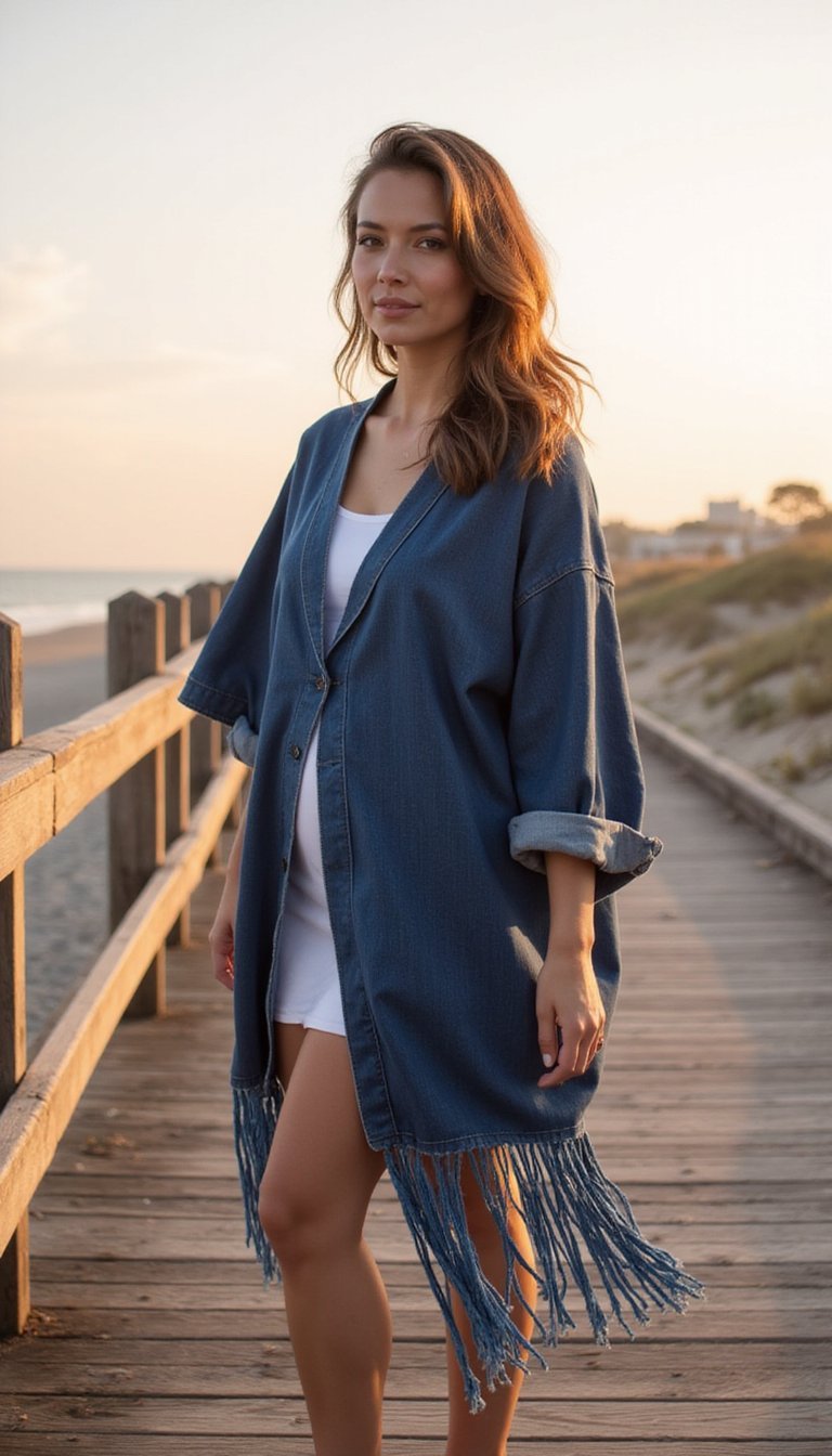 Denim Kimono Jacket with Fringe