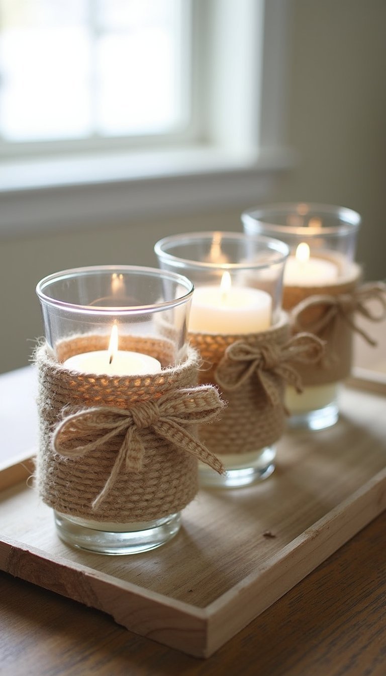 Rope-Wrapped Candle Holders with Burlap Accents