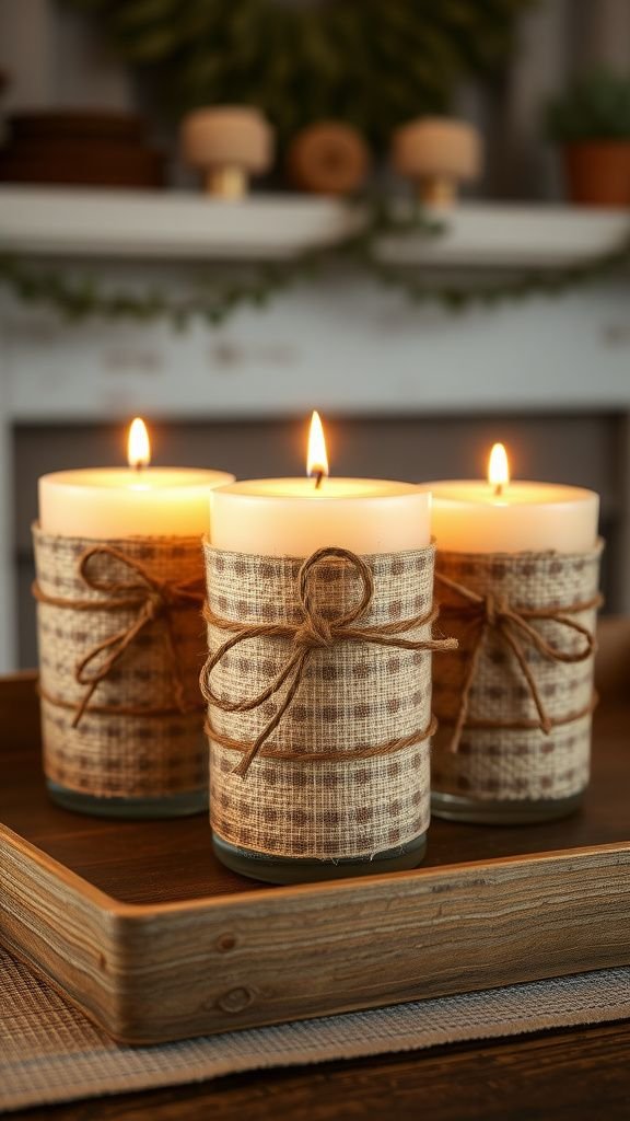 Burlap-wrapped candles with twine accents