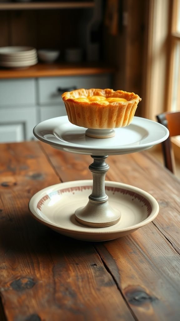 Cake stand from mismatched plates and candlestick
