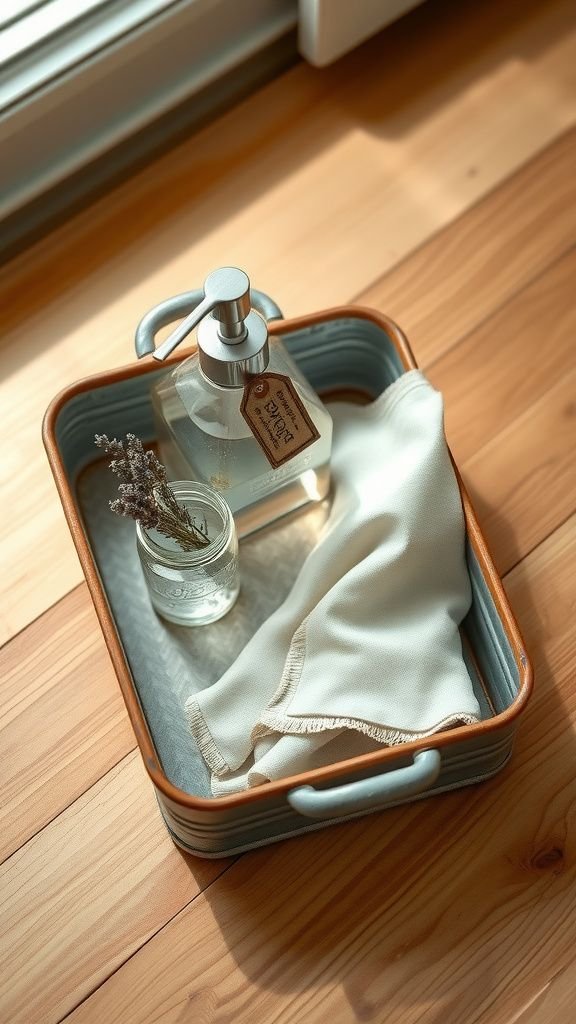 Faux galvanized tray with farmhouse labels