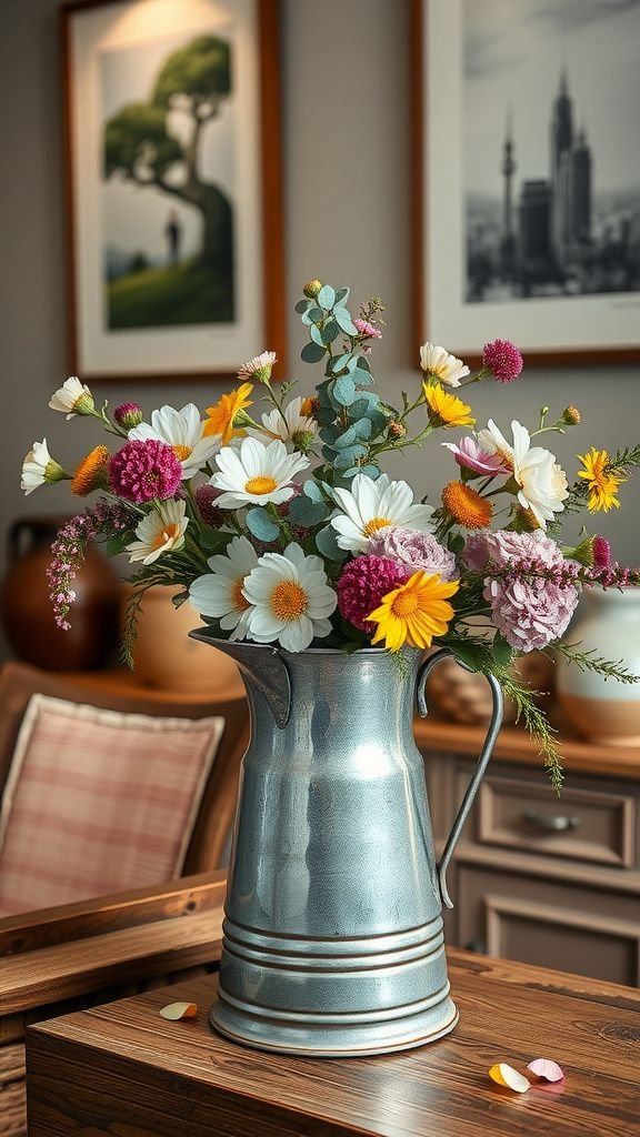 Galvanized pitcher turned floral focal point