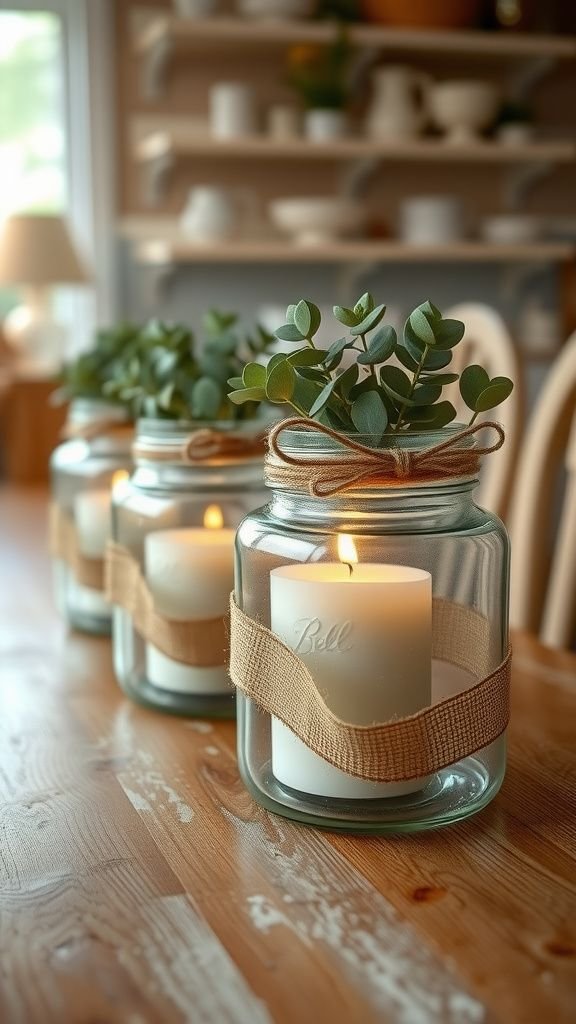 Mason jar centerpiece with burlap and twine