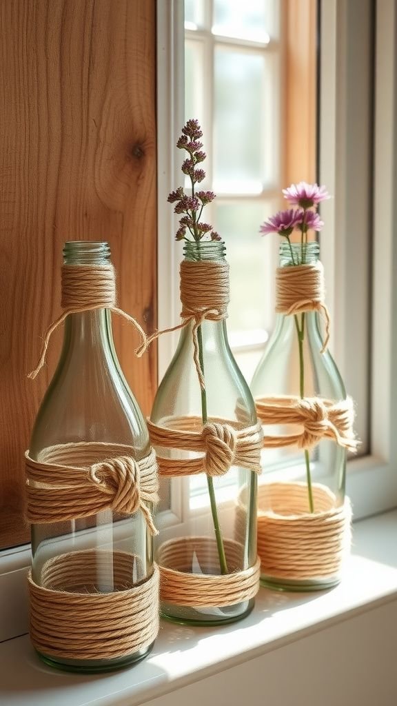 Rope-wrapped bottles for vase-style accents