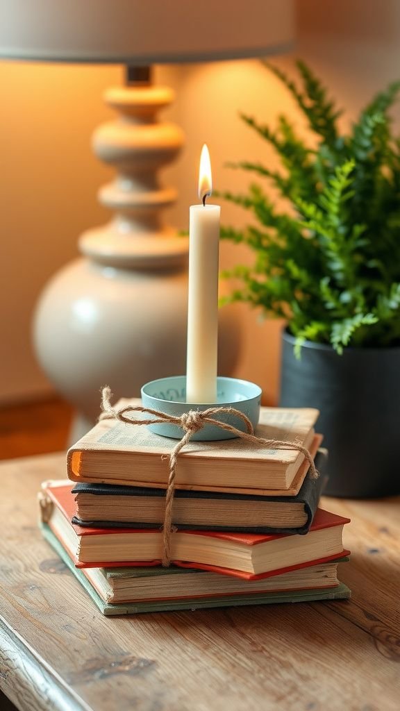 Stacked vintage books with twine and candle