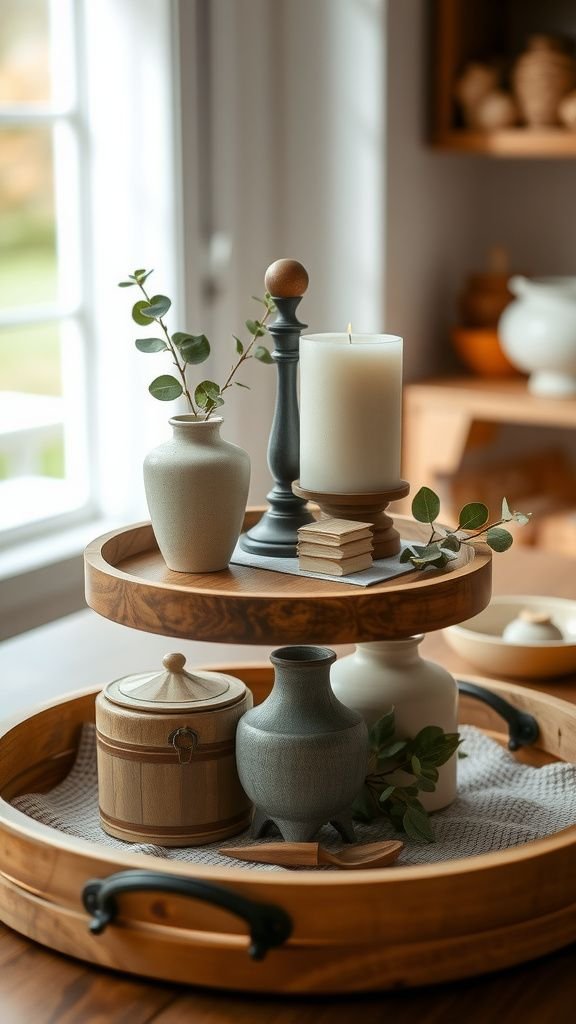 Tiered tray styled with neutral farmhouse pieces