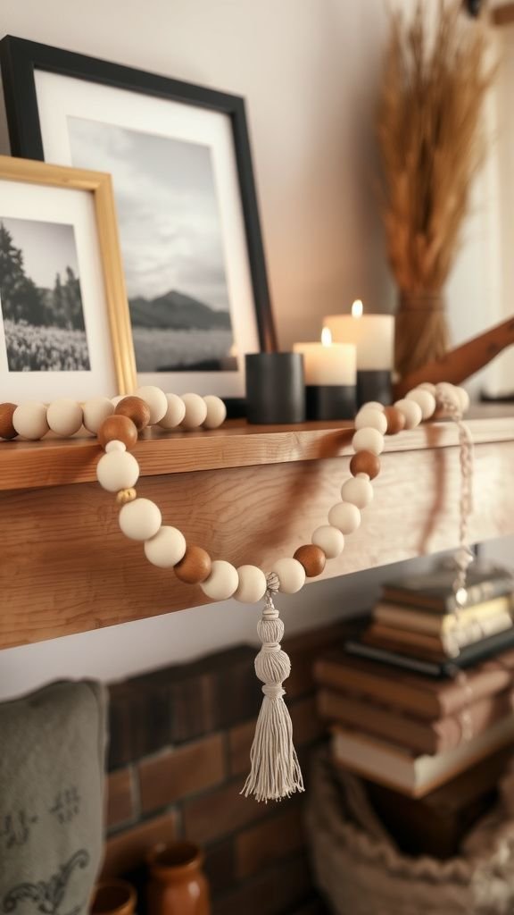 Wooden bead garland for a mantel or shelf