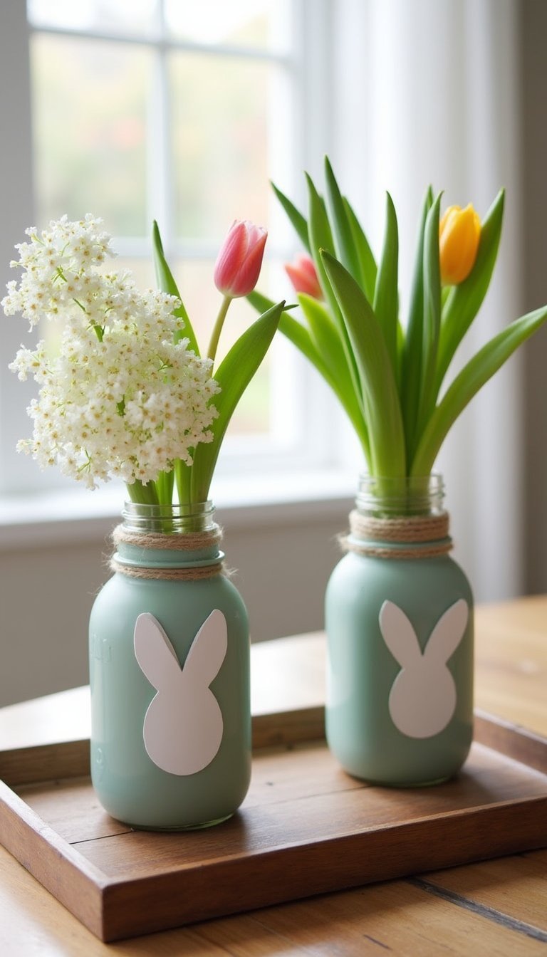 Bunny-themed mason jar vases and clusters