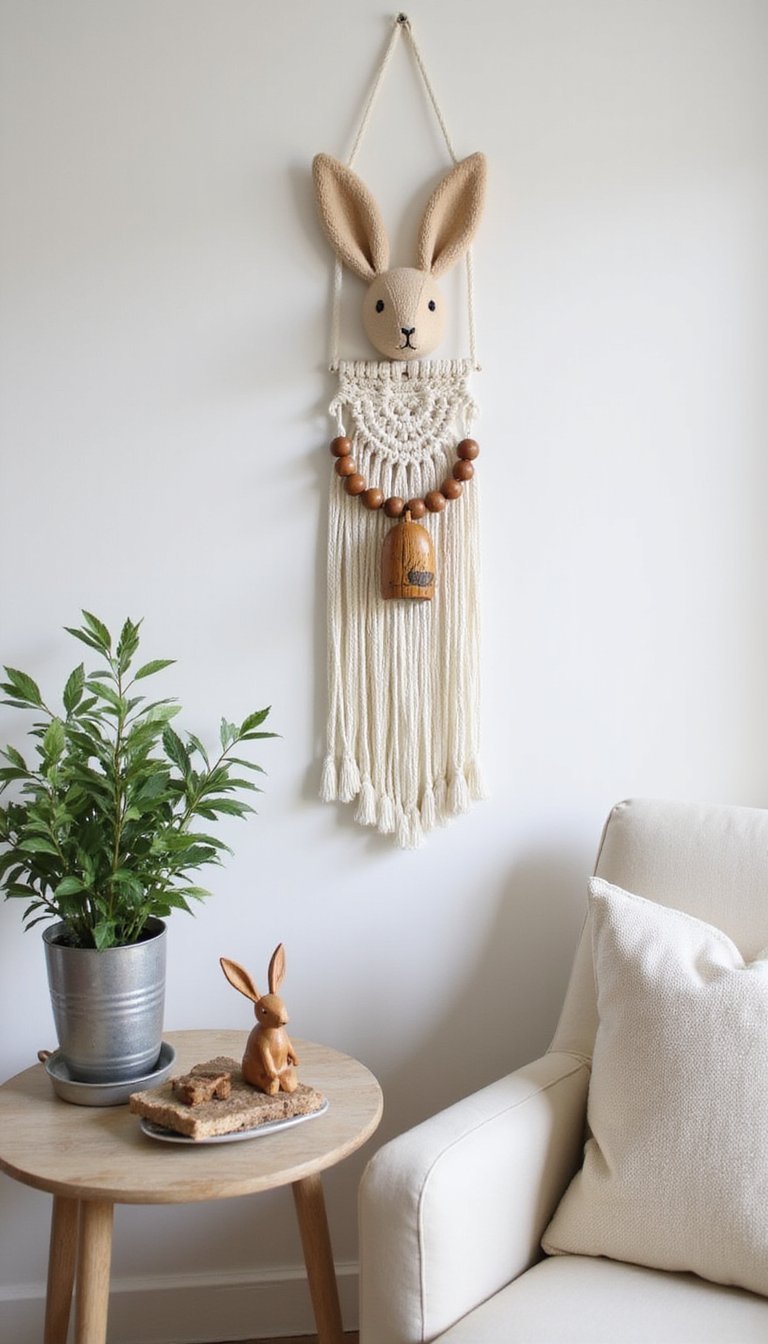 Macramé bunny wall hanging with neutral tones