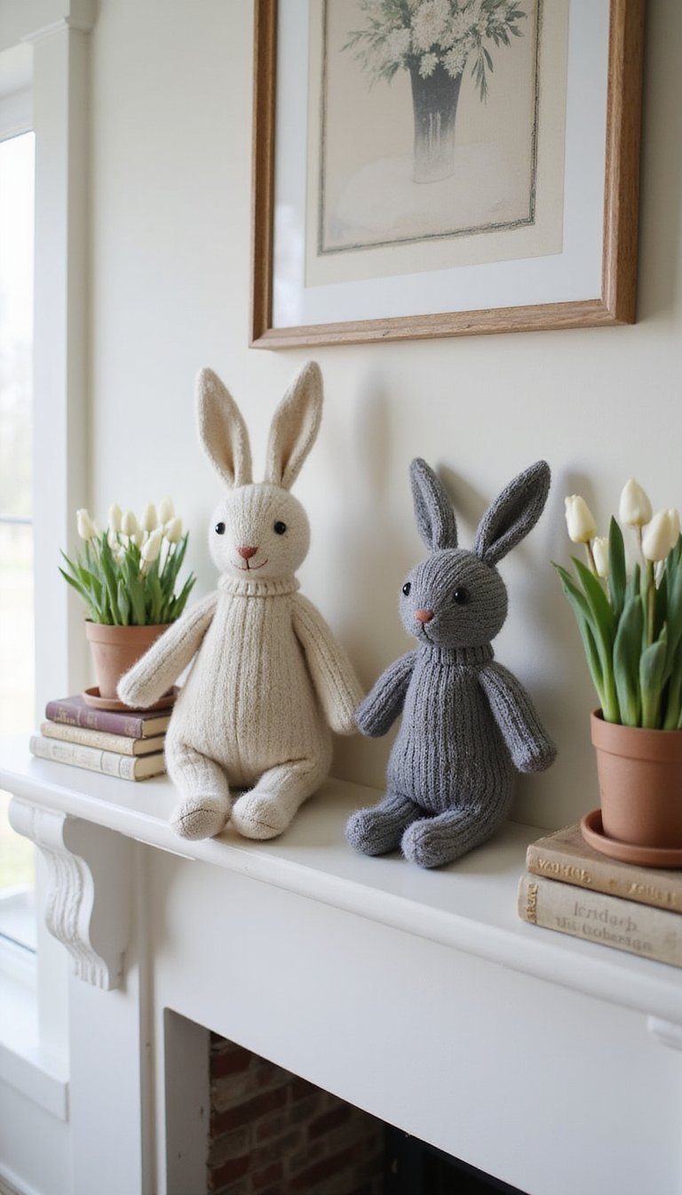 Upcycled sweater bunny plushies for mantel