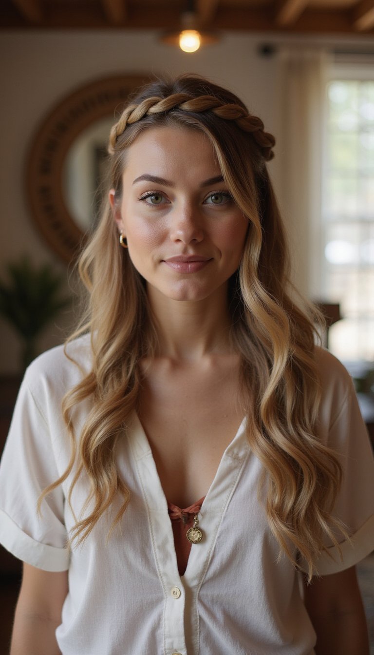 Half-Up Braided Halo For A Boho Look