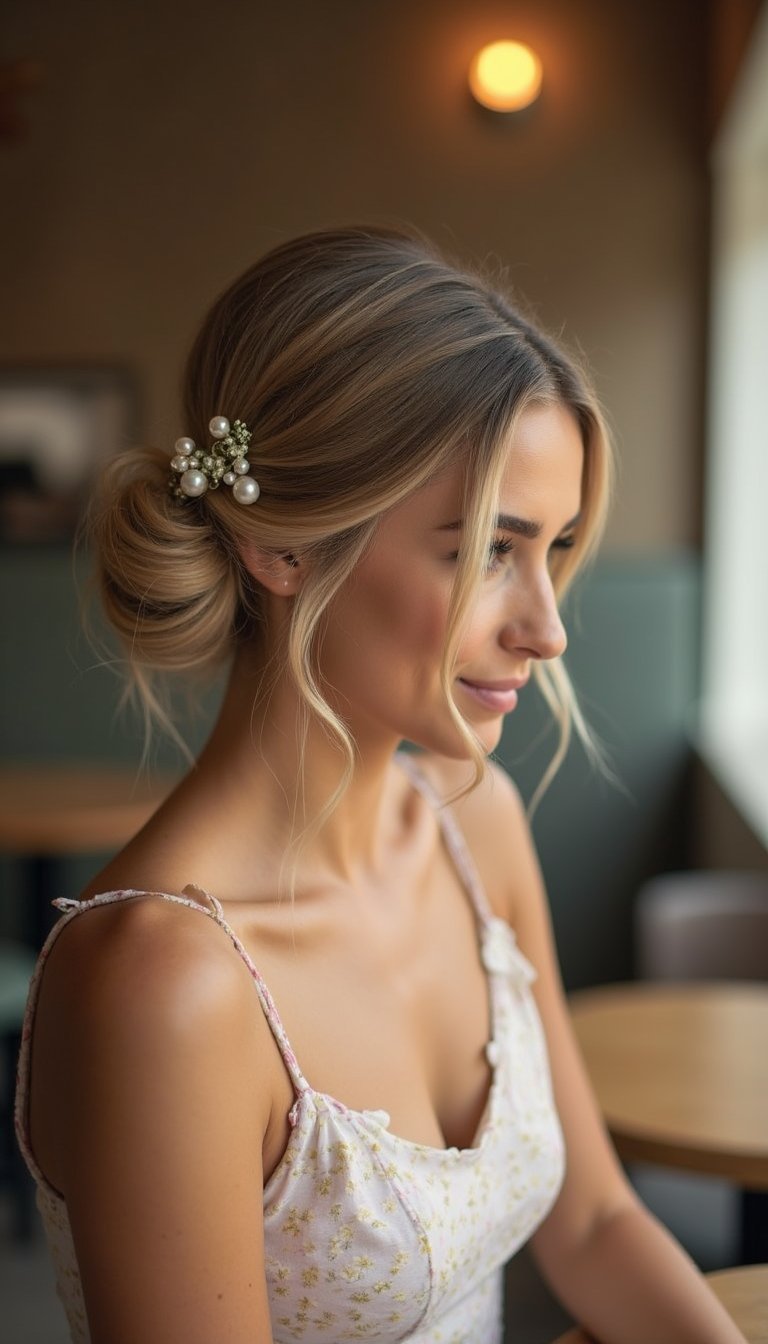 Low Twisted Bun With Chic Barrettes