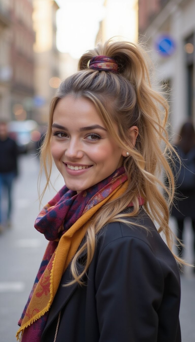 Scarf-Tied Ponytail For Instant Style Upgrade