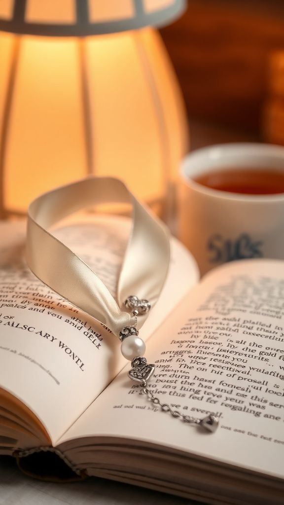 Beaded ribbon bookmark with a sentimental charm