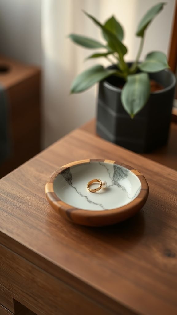 Customized wooden jewelry dish with marbled glaze