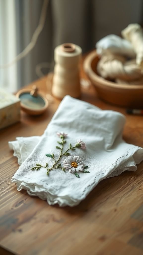 Embroidered linen handkerchief with tiny florals