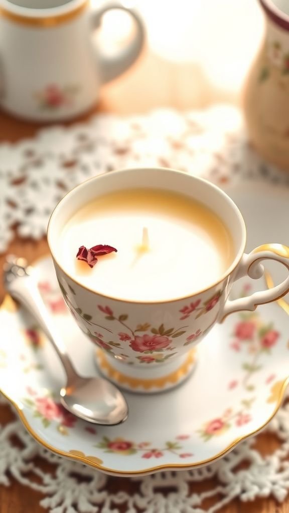 Floral soy candle poured into a vintage teacup