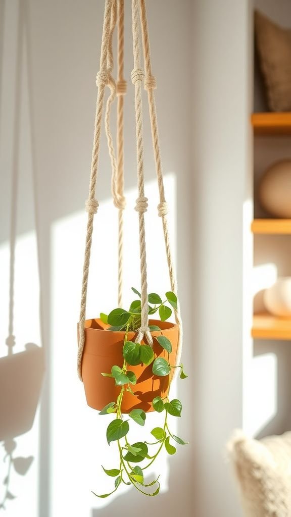 Macramé plant hanger with a cozy neutral palette