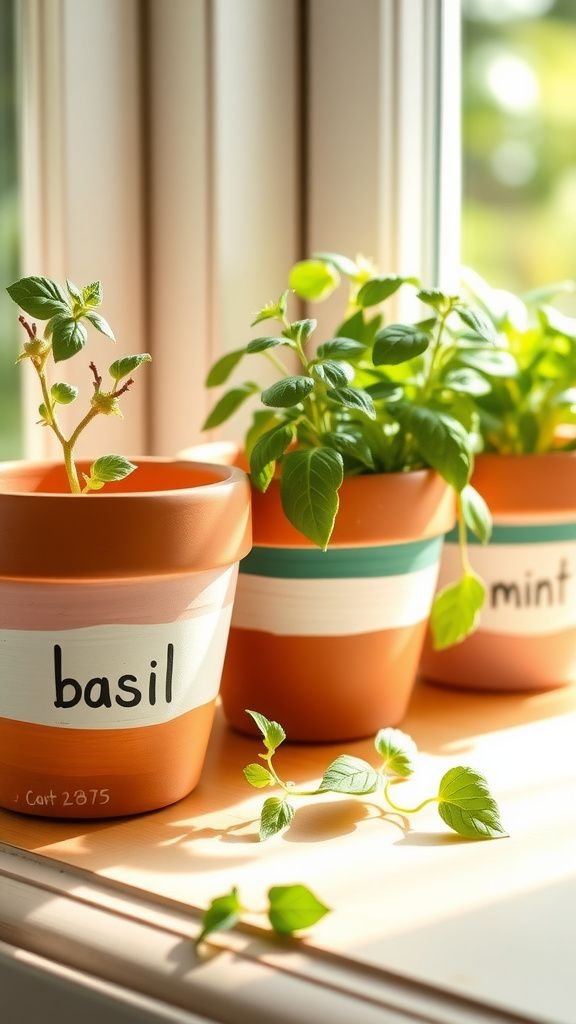 Painted terra cotta herb pots with hand-lettered labels