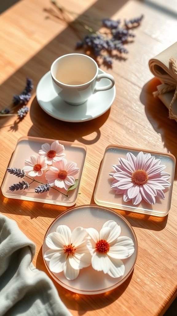 Pressed flower resin coaster set for sunny mornings