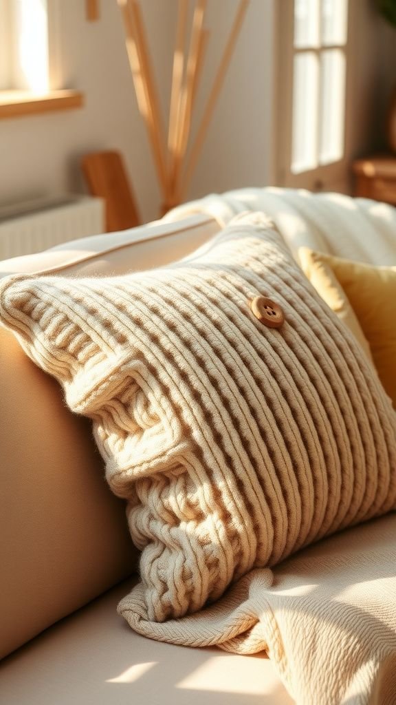 Upcycled sweater pillow with cozy worn-in charm