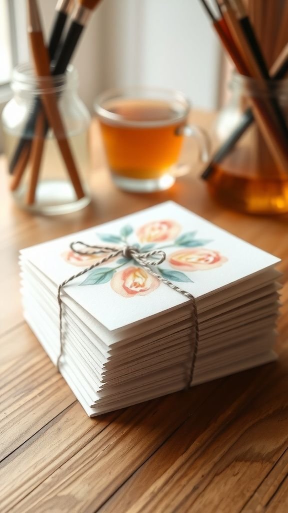 Watercolor floral greeting card set in a tied stack