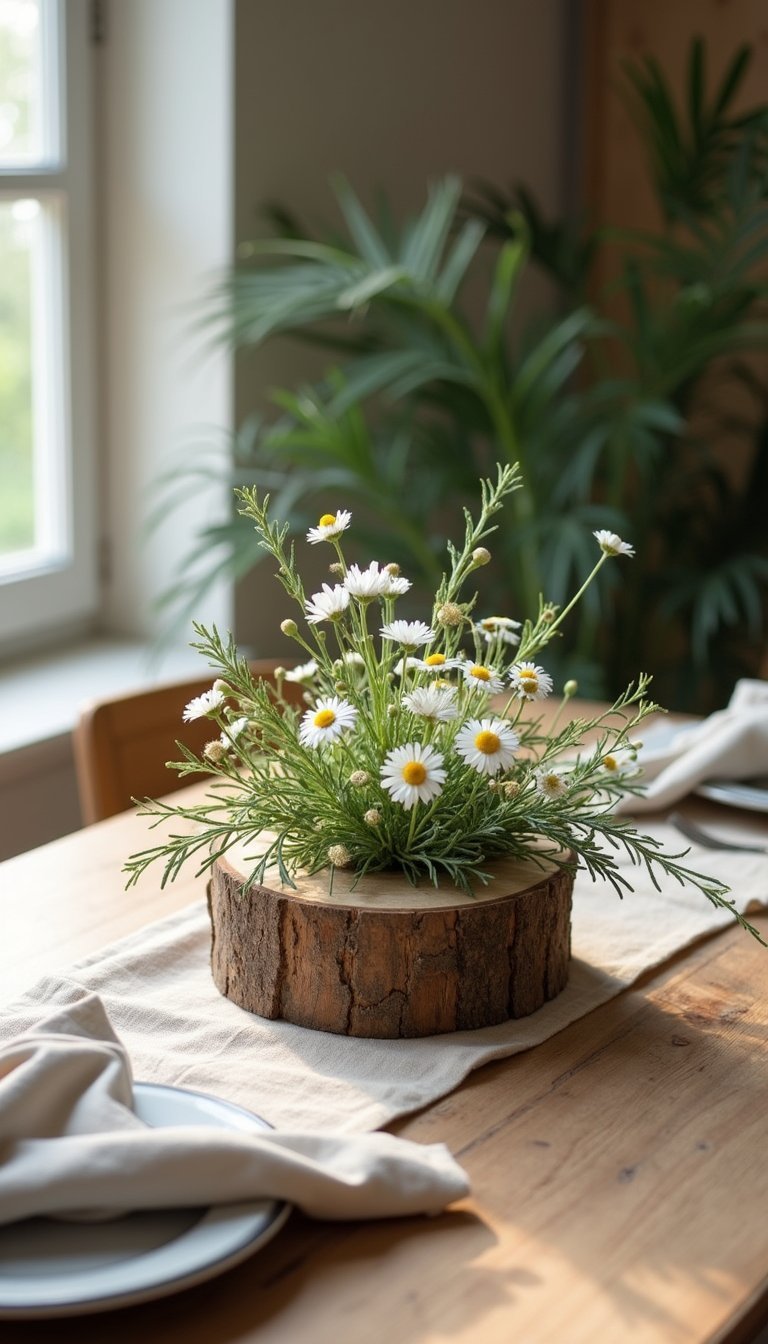 Rustic Wood Slice and Wildflower Arrangement