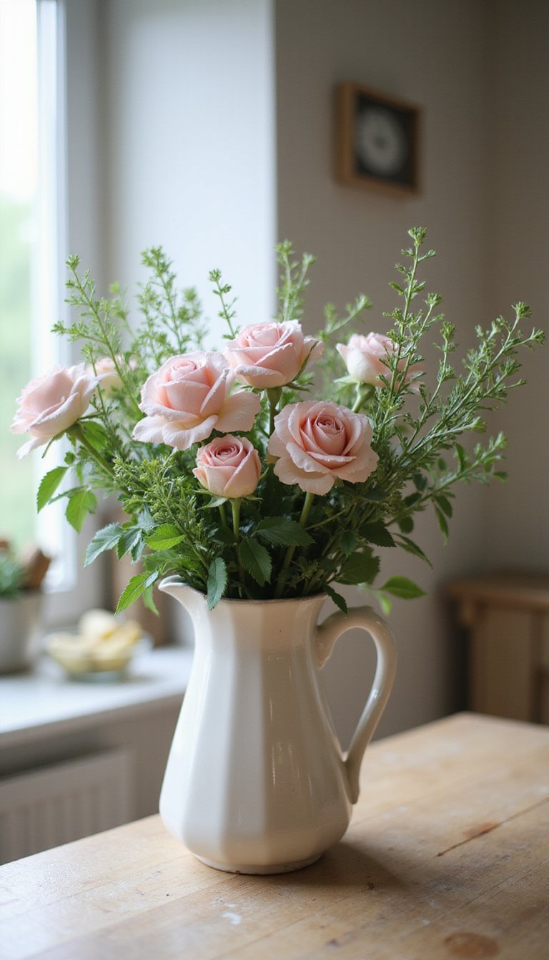 Vintage Pitcher Filled with Garden Roses
