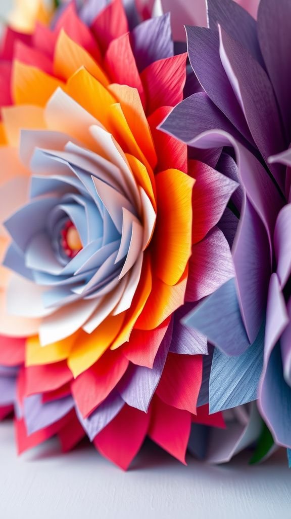 Layered rainbow paper flowers with textured petals