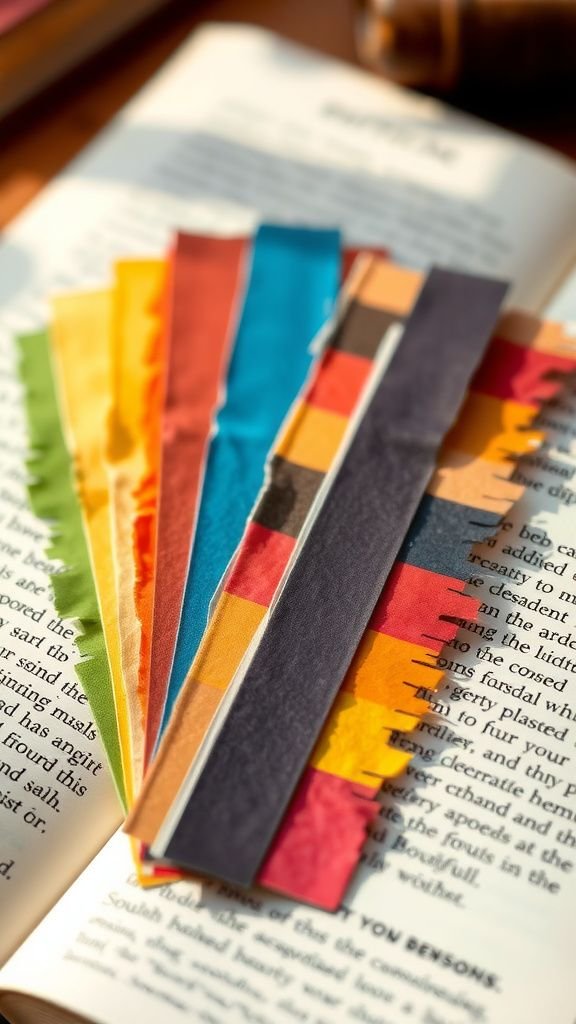 Rainbow bookmarks with hand-torn edges and charm