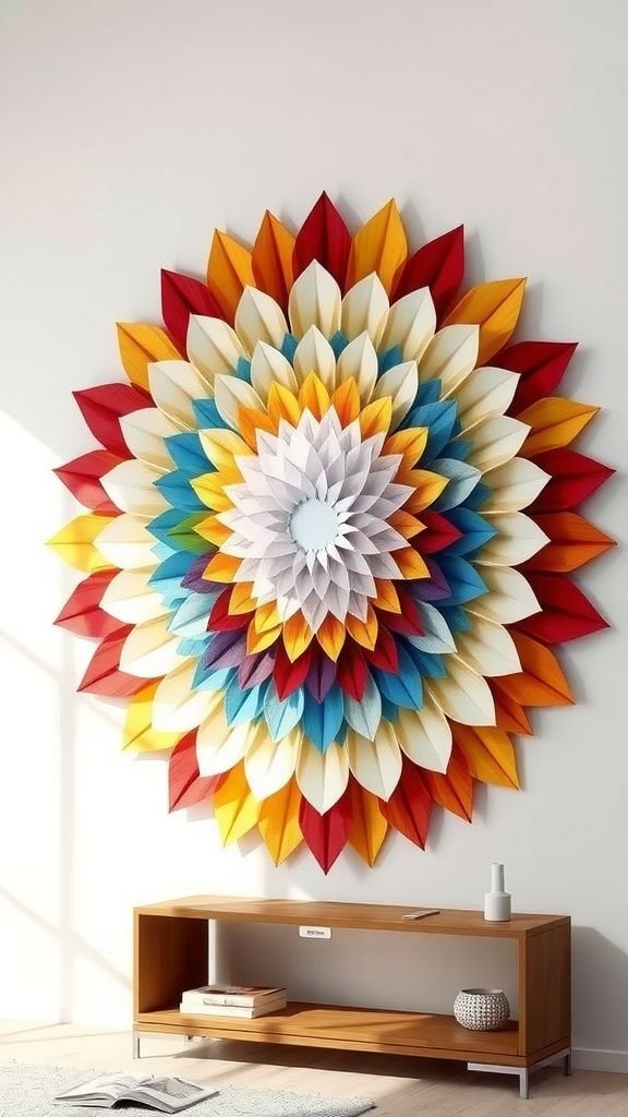 Rainbow paper mandala wall hanging with symmetry