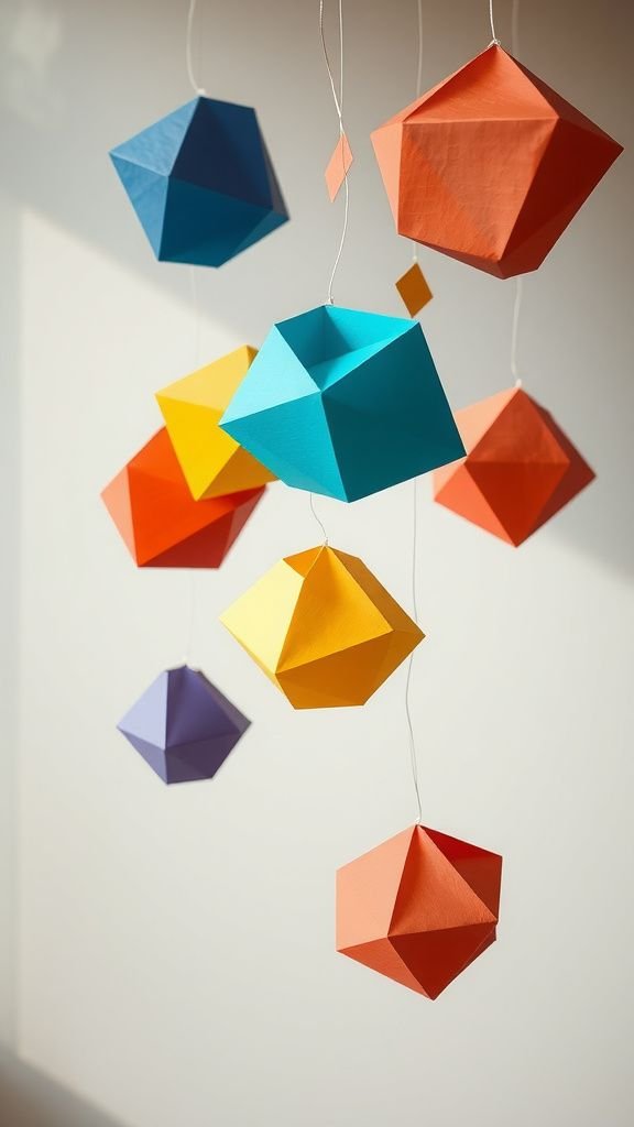 Rainbow paper mobiles with drifting geometric shapes