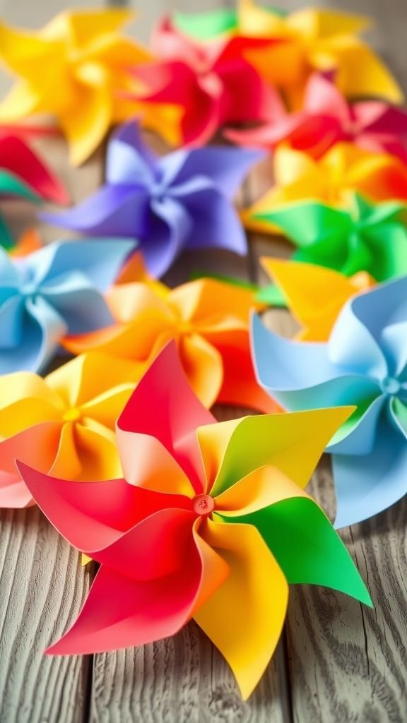 Rainbow paper pinwheels scattered on a table