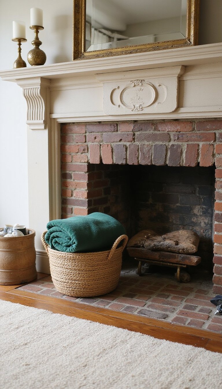 Cozy Fireplace Hearth with Green Throws and Brass