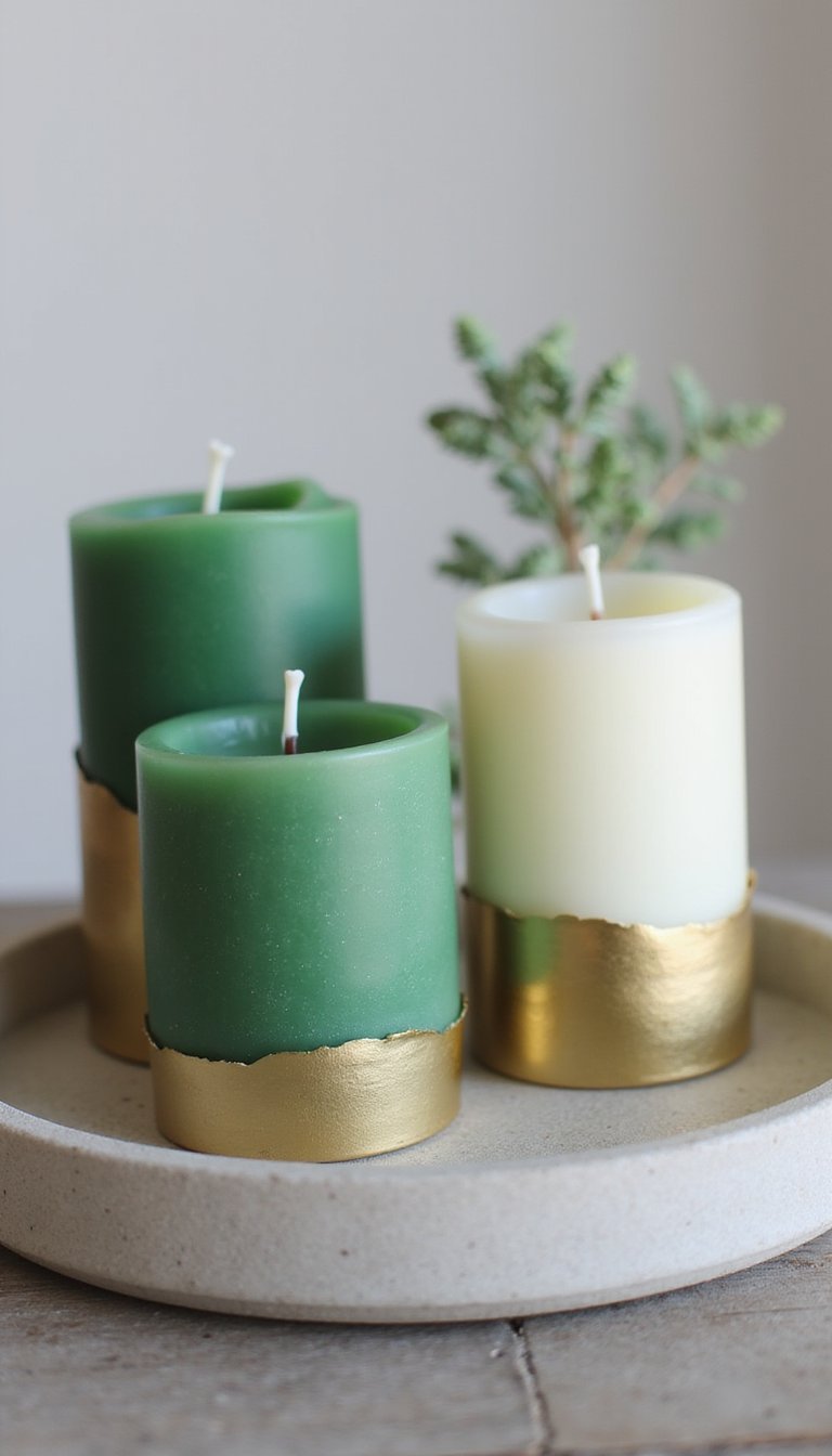 Green Candle Trio with Gold Leaf Detailing