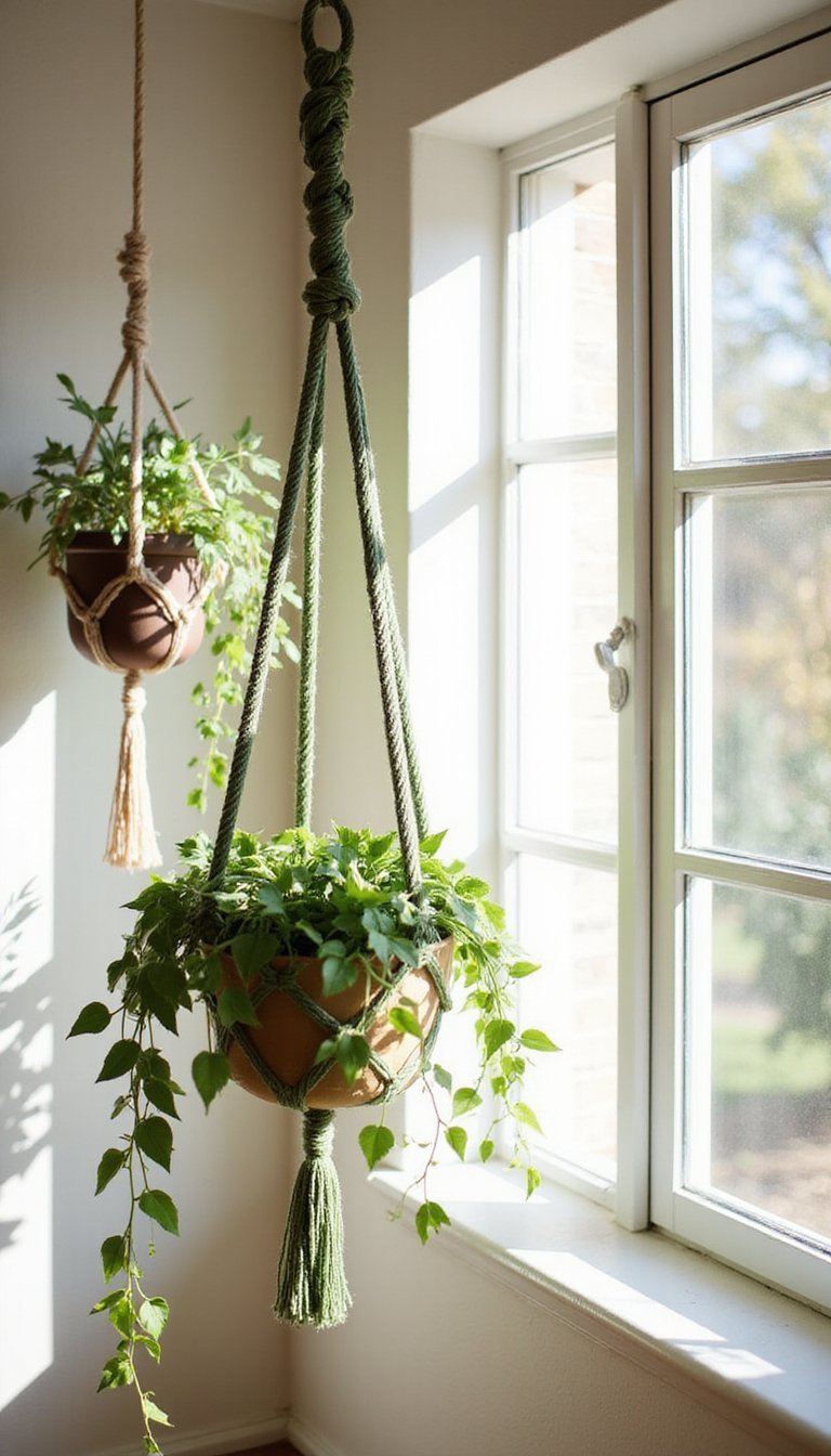Hanging Macramé Plant Holders with Green Accents